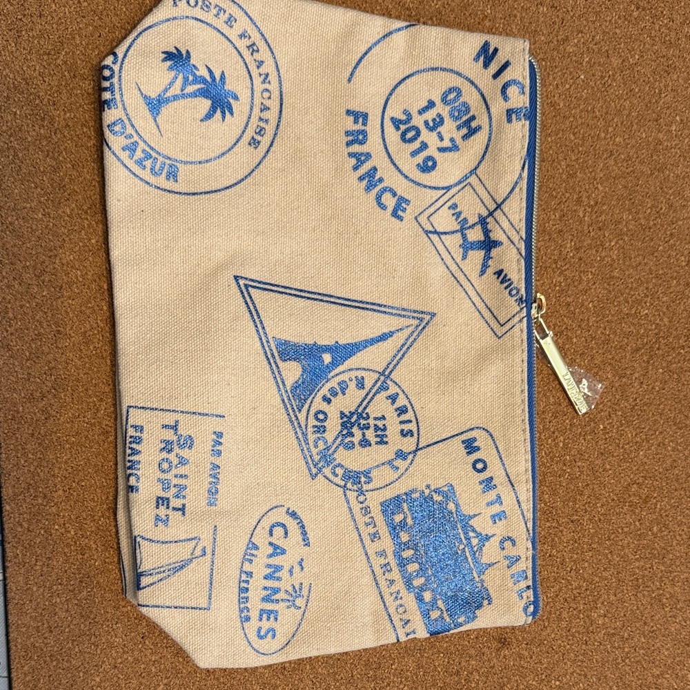 Lancome Beige Canvas Pouch with Blue Travel Stamps